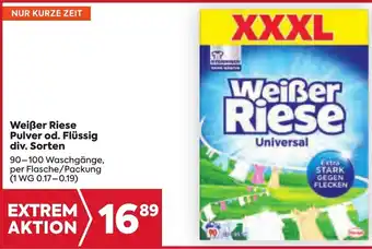 Billa Weißer Riese Pulver od. Flüssig div. Sorten 90-100 Waschgänge, per Flasche/Packung (1 WG 0.17-0.19) Angebot