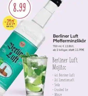 MPreis Berliner Luft Pfefferminzlikör 700 ml, € 12.80/1, ab 2 billiger, statt 11.99€ Angebot