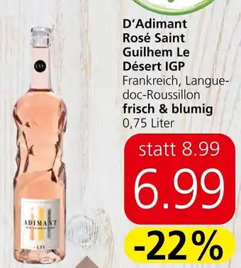 Eurospar D'Adimant Rosé Saint Guilhem Le Désert IGP Frankreich, Langue-doc-Roussil frisch & blumig 0,75 Liter lon Angebot