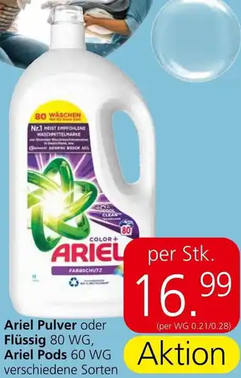 Eurospar Ariel Pulver oder Flüssig 80 WG, Ariel Pods 60 WG Aktion verschiedene Sorten Angebot