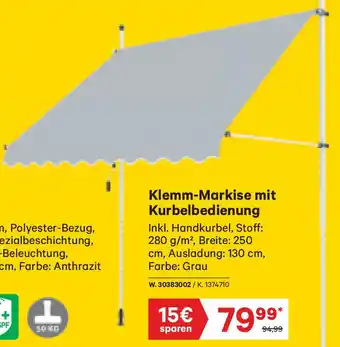 Klemm-Markise mit Kurbelbedienung Inkl. Handkurbel, Stoff: 280 g/m², Breite: 250 cm, Ausladung: 130 cm, Farbe: Grau