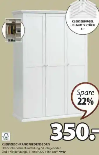JYSK KLEIDERSCHRANK FREDENSBORG Dekorfolie. Schrankaufteilung: 5 Einlegeböden und 1 Kleiderstange. B140 x H200 x T64 cm** 449,- Angebot