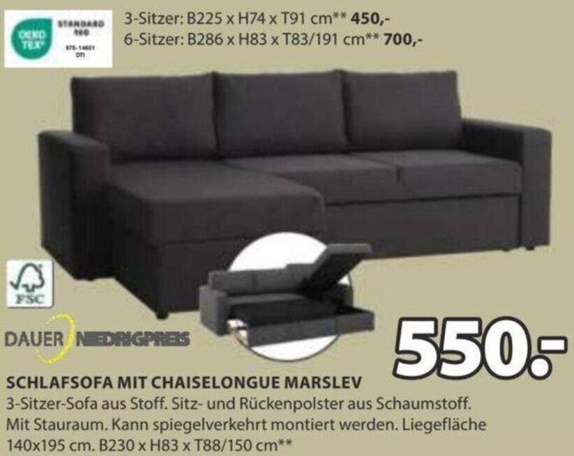 JYSK DAUER NEDRIGPRESS SCHLAFSOFA MIT CHAISELONGUE MARSLEV 3-Sitzer-Sofa aus Stoff. Sitz- und Rückenpolster aus Schaumstoff. Angebot