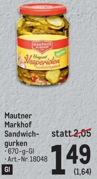 Metro Mautner Markhof Sandwich- gurken .670-g-Gl Angebot