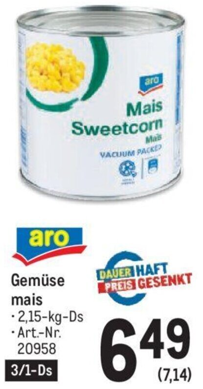 Metro Gemüse mais -2,15-kg-Ds Art.-Nr. 20958 Angebot