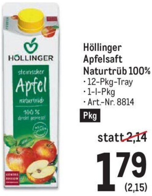 Metro Höllinger Apfelsaft Naturtrüb 100% • 12-Pkg-Tray . 1-1-Pkg Angebot