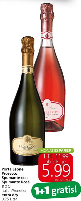 Spar Porta Leone Prosecco Spumante oder Spumante Rosé DOC extra dry 0,75 Liter Angebot