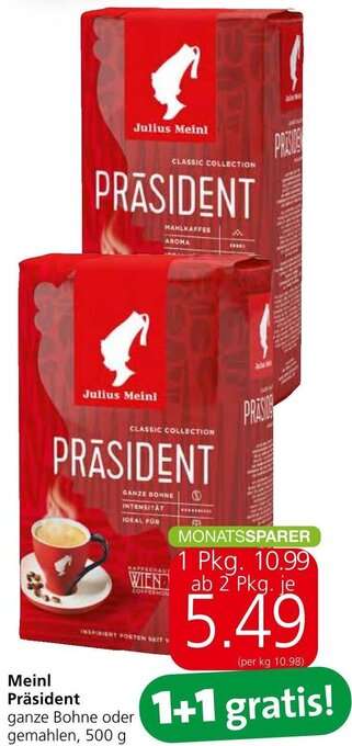Spar Meinl Präsident ganze Bohne oder gemahlen, 500 g Angebot