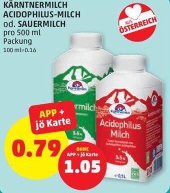 PENNY KÄRNTNERMILCH ACIDOPHILUS-MILCH od. SAUERMILCH pro 500 ml Packung Angebot
