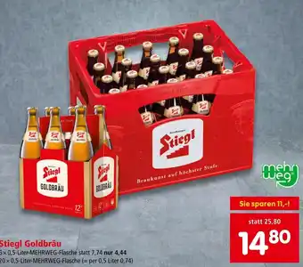 Interspar Stiegl GOLDBRÄU 6x 0,5-Liter-MEHRWEG-Flasche statt 7,74 nur 4,44 20x 0,5-Liter-MEHRWEG-Flasche (= per 0,5 Liter 0,74) Angebot