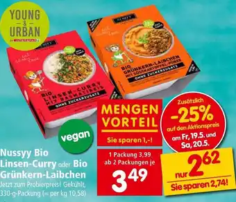 Interspar Nussyy Bio Linsen-Curry oder Bio Grünkern-Laibchen Jetzt zum Probierpreis! Gekühlt, 330-g-Packung Angebot