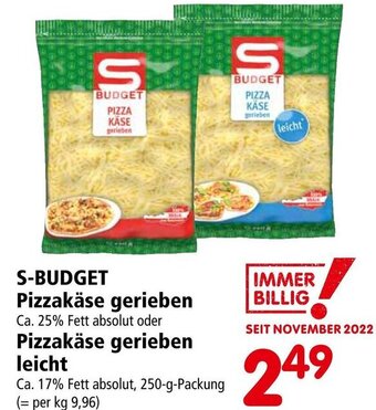 Interspar S-BUDGET Pizzakäse gerieben Ca. 25% Fett absolut oder Pizzakäse gerieben leicht Ca. 17% Fett absolut, 250-g-Packung Angebot