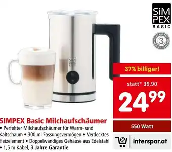 Interspar SIMPEX Basic Milchaufschäumer 550 Watt Angebot