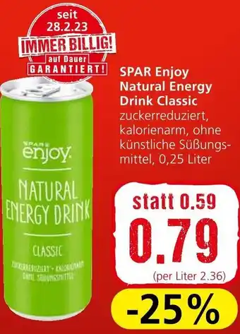 Spar SPAR Enjoy Natural Energy Drink Classic zuckerreduziert, kalorienarm, ohne künstliche Süßungs-mittel, 0,25 Liter Angebot