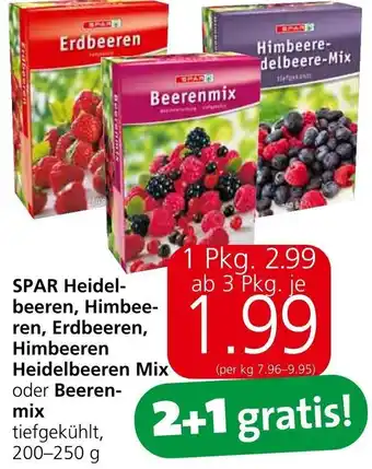 Spar SPAR Heidel-beeren, Himbee-ren, Erdbeeren, Himbeeren Heidelbeeren Mix oder Beeren-mix tiefgekühlt, 200-250 g Angebot