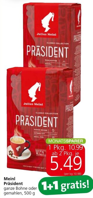 Spar Meinl Präsident ganze Bohne oder gemahlen, 500 g Angebot