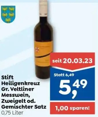 ADEG Stift Heiligenkreuz Gr. Veltliner Messwein, Zweigelt od. Gemischter Satz 1,00 sparen! 0,75 Liter Angebot