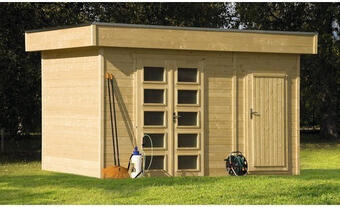 Hornbach Blockbohlenhaus skan holz venlo 3 mit fußboden und seitlichem raum 420x290 cm natur Angebot