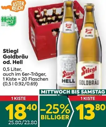 Billa Stiegl Goldbräu od. Hell 0,5 Liter, auch im 6er-Träger, 1 Kiste = 20 Flaschen Angebot