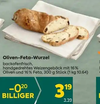 Billa Oliven-Feta-Wurzel backofenfrisch, handgedrehtes Weizengebäck mit 16% Oliven und 16% Feta, 300 g Stück (1 kg 10.64) Angebot