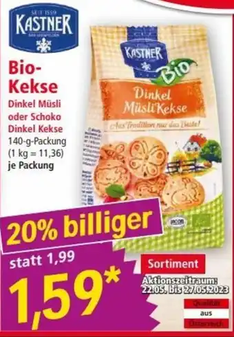 Norma KASTNER Bio-Kekse Dinkel Müsli oder Schoko Dinkel Kekse 140-g-Packung (1 kg = 11,36) je Packung Angebot
