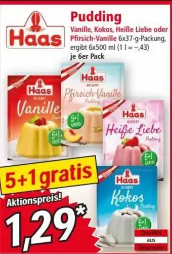 Norma Haas Pudding Vanille, Kokos, Heiße Liebe oder Pfirsich Vanille 6x37-g-Packung, ergibt 6x500 ml (1 1=-,43) je 6er Pack Angebot