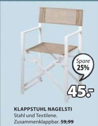 JYSK KLAPPSTUHL NAGELSTI Stahl und Textilene. Zusammenklappbar. Angebot