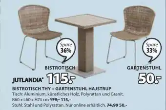 JYSK JUTLANDIA® BISTROTISCH THY + GARTENSTUHL HAJSTRUP Tisch: Aluminium, künstliches Holz, Polyrattan und Granit. Angebot