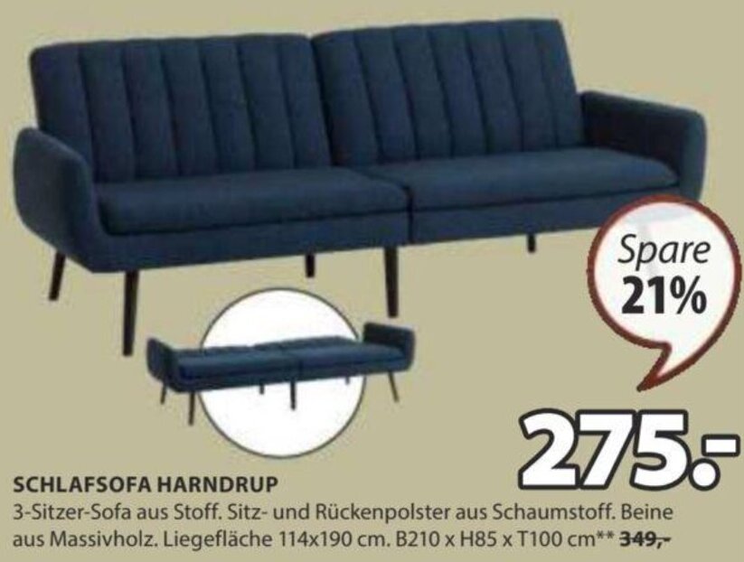JYSK SCHLAFSOFA HARNDRUP 3-Sitzer-Sofa B210 x H85 x T100 cm Angebot