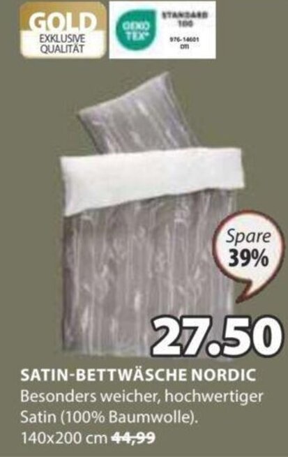 JYSK SATIN-BETTWÄSCHE NORDIC Besonders weicher, hochwertiger Satin (100% Baumwolle). 140x200 cm Angebot