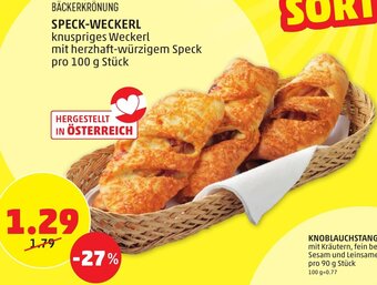 PENNY BÄCKERKRÖNUNG SPECK-WECKERL knuspriges Weckerl mit herzhaft-würzigem Speck pro 100 g Stück Angebot