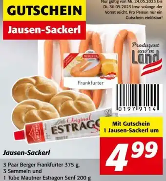 Nah&Frisch Jausen-Sackerl 3 Paar Berger Frankfurter 375 g, 3 Semmeln un 1 Tube Mautner Estragon Senf 200 g Angebot