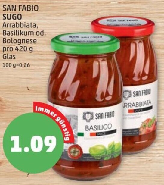 PENNY SAN FABIO SUGO Arrabbiata Basilik pro 420 g Glas Angebot