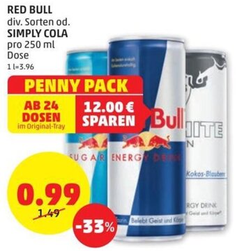 PENNY RED BULL div. Sorten od. SIMPLY COLA pro 250 ml Dose Angebot
