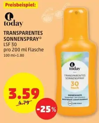 PENNY today TRANSPARENTES SONNENSPRAY* LSF 30 pro 200 ml Flasche Angebot