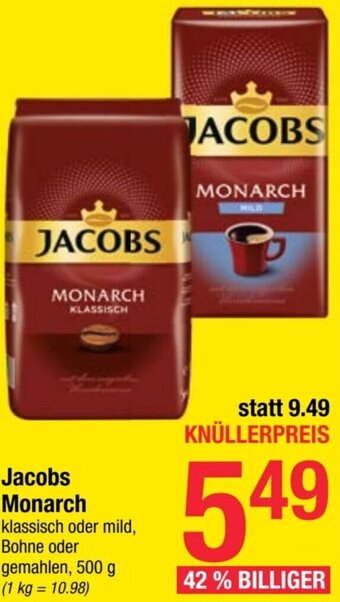 Maximarkt Jacobs Monarch klassisch oder mild, Bohne oder gemahlen, 500 g Angebot