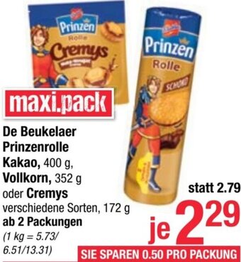 Maximarkt De Beukelaer Prinzenrolle Kakao, 400 g, Vollkorn, 352 g oder Cremys verschiedene Sorten, 172 g Angebot