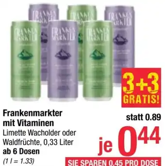 Maximarkt Frankenmarkter mit Vitaminen Limette Wacholder oder Waldfrüchte, 0,33 Liter ab 6 Dosen Angebot