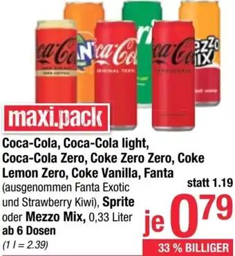Maximarkt Coca-Cola, Coca-Cola light, Coca-Cola Zero, Coke Zero Zero, Coke Lemon Zero, Coke Vanilla, Fanta 0,33 Liter Angebot