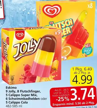 Spar Eskimo 9 Jolly, 8 Flutschfinger, 5 Calippo Super Mix, 6 Schwimmbadhelden oder 5 Calippo Cola 482-585 ml Angebot