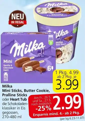 Spar Milka Mini Sticks, Butter Cookie, Pralline Sticks oder Heart Tub 270-480 ml Angebot