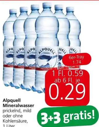 Spar Alpquell Mineralwasser prickelnd, mild oder ohne Kohlensäure, 1 Liter Angebot