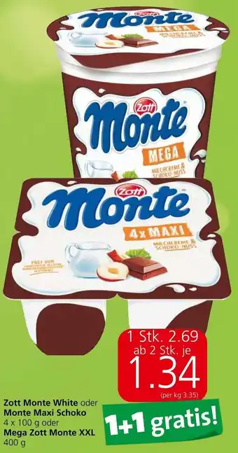 Spar Zott Monte White oder Monte Maxi Schoko 4 x 100 g oder Mega Zott Monte XXL 400 g Angebot