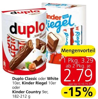 Spar Duplo Classic oder White 10er, Kinder Riegel 10er oder Kinder Country 9er, 182-212 g Angebot