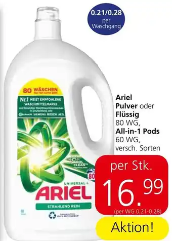 Spar Ariel Pulver oder Flüssig 80 WG, All-in-1 Pods 60 WG, versch. Sorten Angebot