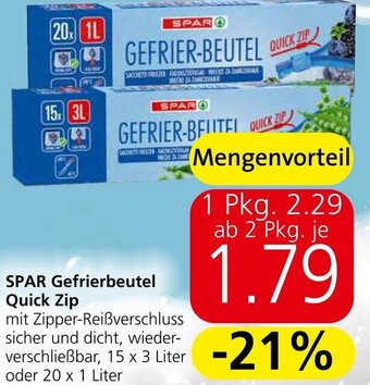 Spar SPAR Gefrierbeutel Quick Zip mit Zipper-Reißverschluss sicher und dicht, wieder-verschließbar, 15 x 3 Liter oder 20 x 1 Liter Angebot