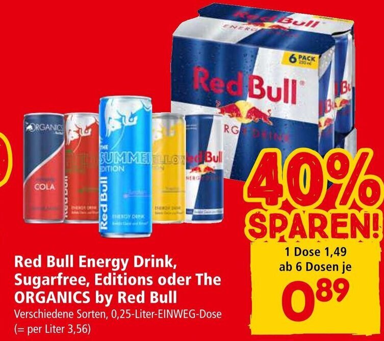 Interspar Red Bull Energy Drink, Sugarfree, Editions oder The ORGANICS by Red Bull Verschiedene Sorten, 0,25-Liter-EINWEG-Dose Angebot
