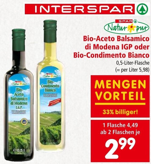 Interspar Natar pu Bio-Aceto Balsamico di Modena IGP Bio-Condimento Bianco 0,5-Liter-Flasche Angebot