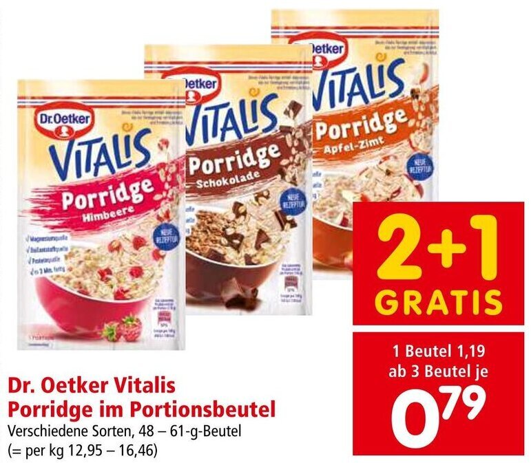 Interspar Dr. Oetker Vitalis Porridge im Portionsbeutel Verschiedene Sorten, 48-61-g-Beutel Angebot