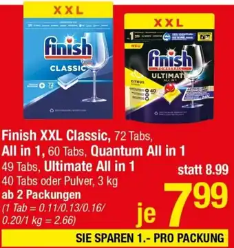 Maximarkt Finish XXL Classic, 72 Tabs, All in 1, 60 Tabs, Quantum All in 1 49 Tabs, Ultim 40 Tabs oder Pulver, 3 kg ate All in 1 Angebot